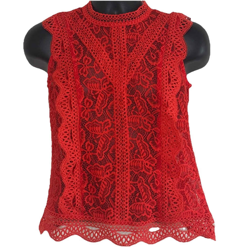 Adiva Lace Sleeveless Red Top Butterflies Scalloped Ruffled Floral Design Small